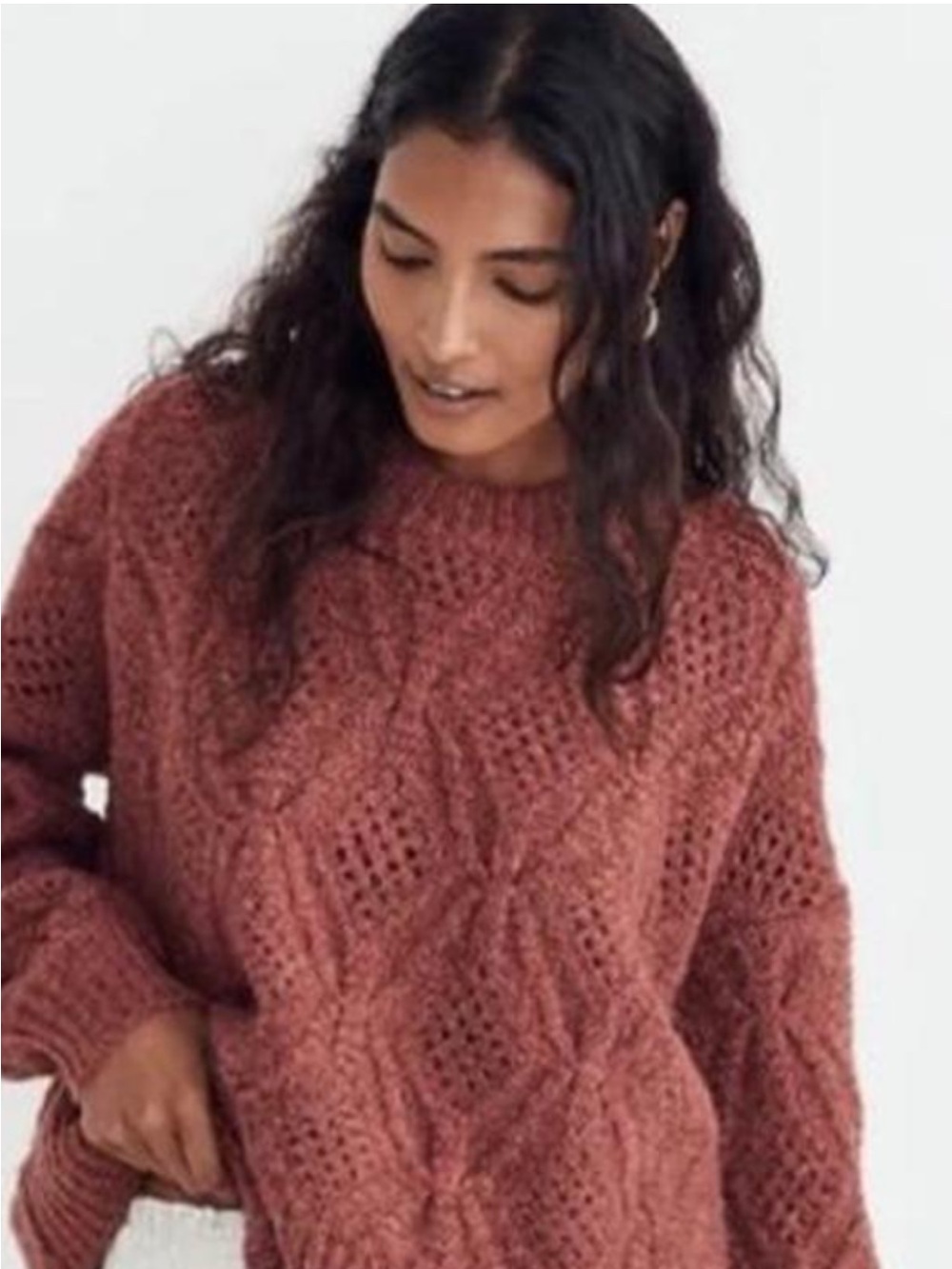 Madewell Open-Weave Pointelle Cable Knit Sweater Rusty Rose Orange Pink Size M
